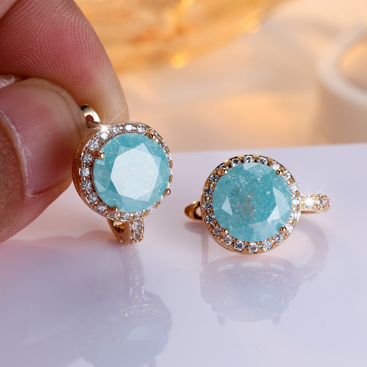 Elegant Round Cut Ice Flower Aqua Blue Stone Clip Earrings