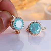 Elegant Round Cut Ice Flower Aqua Blue Stone Clip Earrings