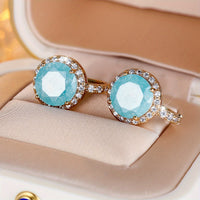 Elegant Round Cut Ice Flower Aqua Blue Stone Clip Earrings