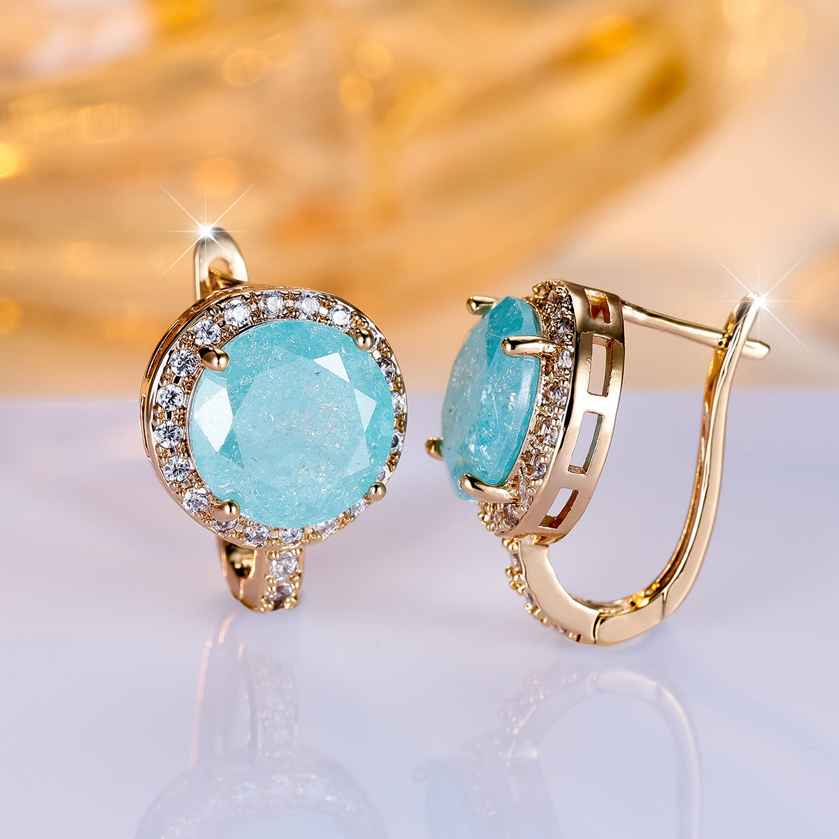 Elegant Round Cut Ice Flower Aqua Blue Stone Clip Earrings