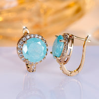 Elegant Round Cut Ice Flower Aqua Blue Stone Clip Earrings