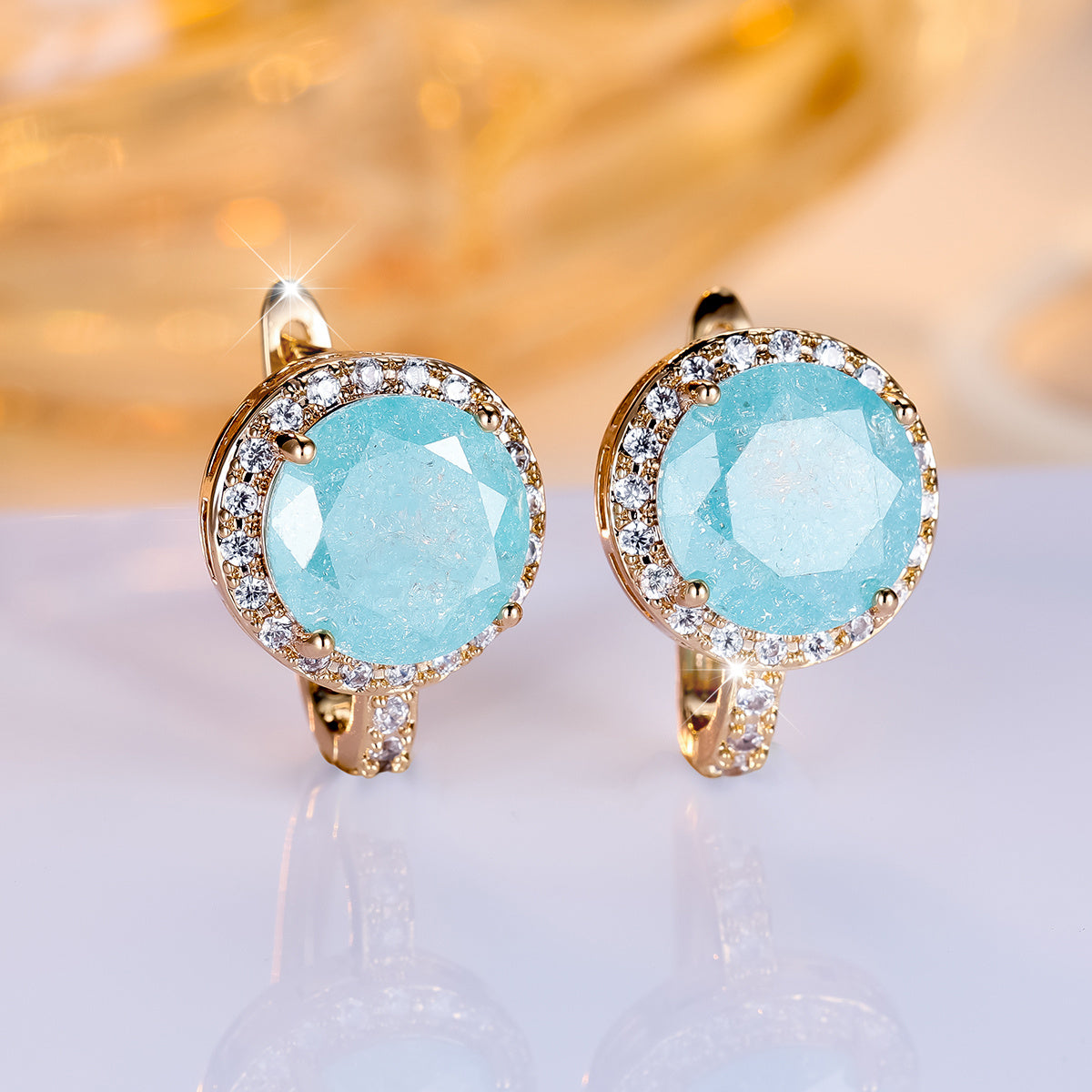 Elegant Round Cut Ice Flower Aqua Blue Stone Clip Earrings