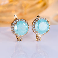 Elegant Round Cut Ice Flower Aqua Blue Stone Clip Earrings