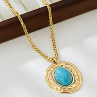 Vintage Snake Skin Chain Oval Faux Turquoise Pendant Necklace