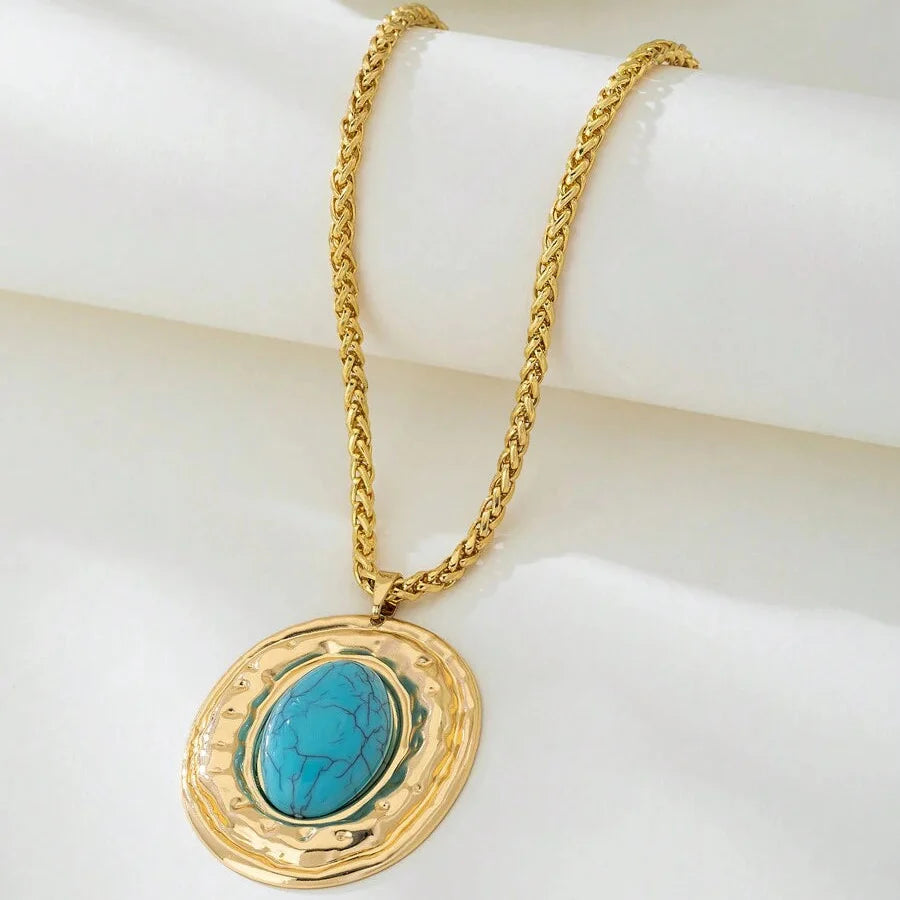 Vintage Snake Skin Chain Oval Faux Turquoise Pendant Necklace