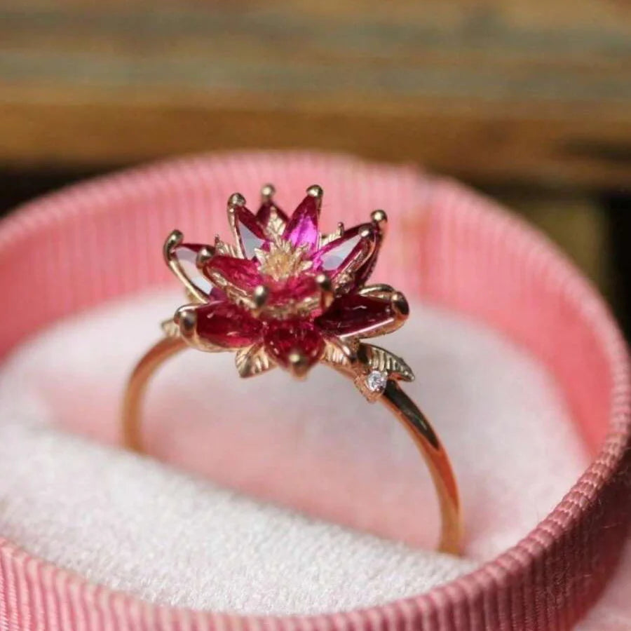 Vintage Handmade Red Cubic Zirconia Lotus Flower Ring