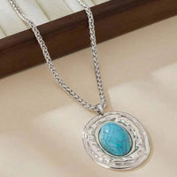 Vintage Snake Skin Chain Oval Faux Turquoise Pendant Necklace