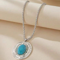 Vintage Snake Skin Chain Oval Faux Turquoise Pendant Necklace