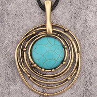 Classic Black Wax Cord Turquoise Stone Long Necklace