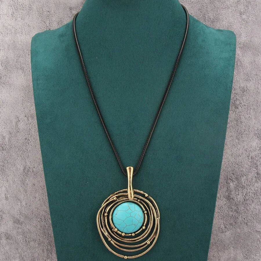 Classic Black Wax Cord Turquoise Stone Long Necklace