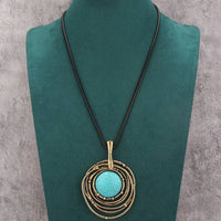 Classic Black Wax Cord Turquoise Stone Long Necklace