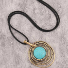 Classic Black Wax Cord Turquoise Stone Long Necklace