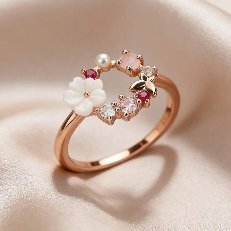 Elegant Flower Faux Pearl Micro Inlaid Zirconia Butterfly Ring