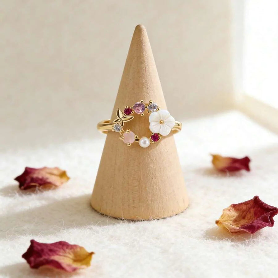 Elegant Flower Faux Pearl Micro Inlaid Zirconia Butterfly Ring