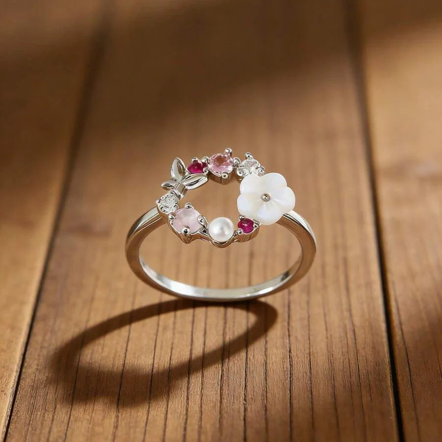 Elegant Flower Faux Pearl Micro Inlaid Zirconia Butterfly Ring