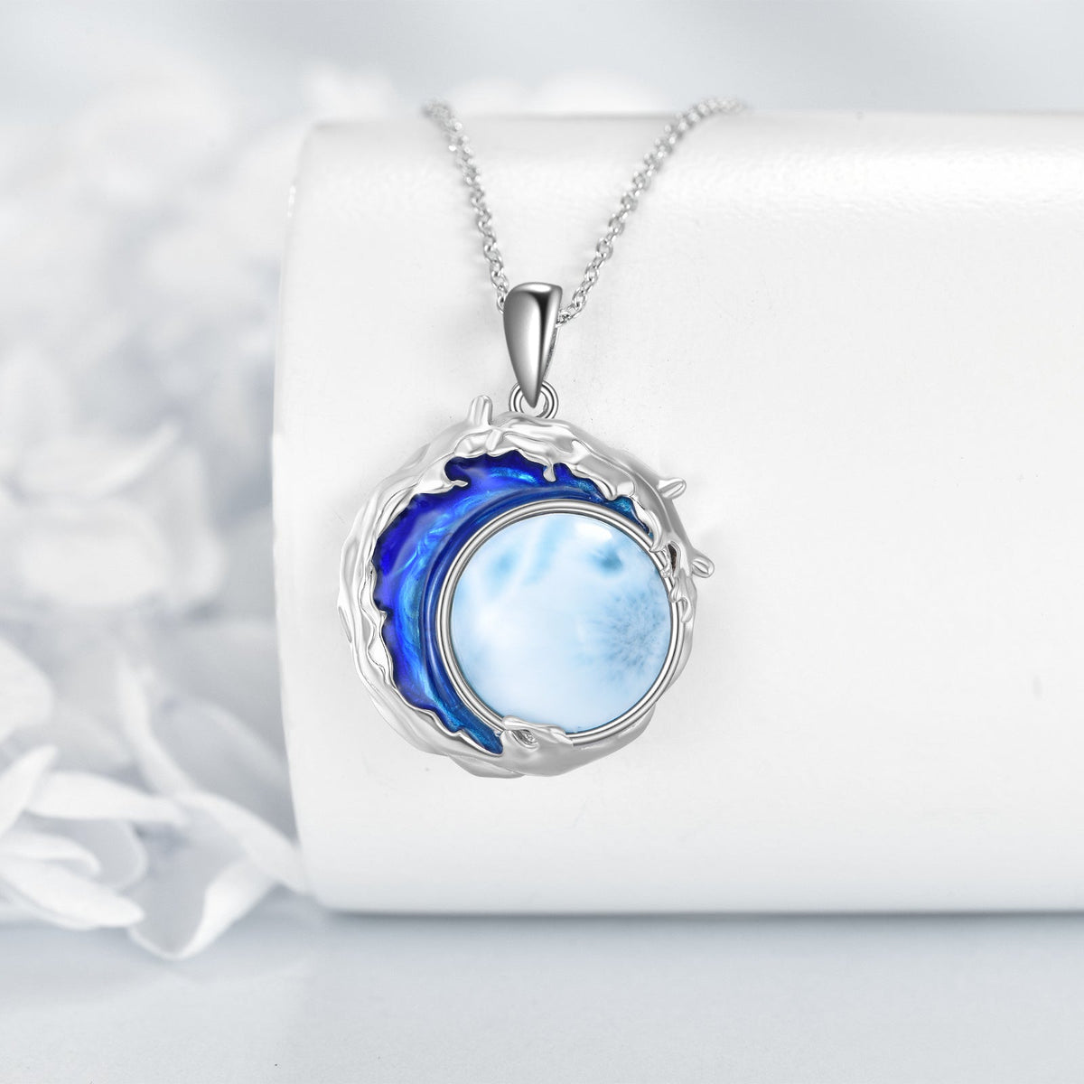Elegant Ocean Wave Blue Stone Silver Necklace