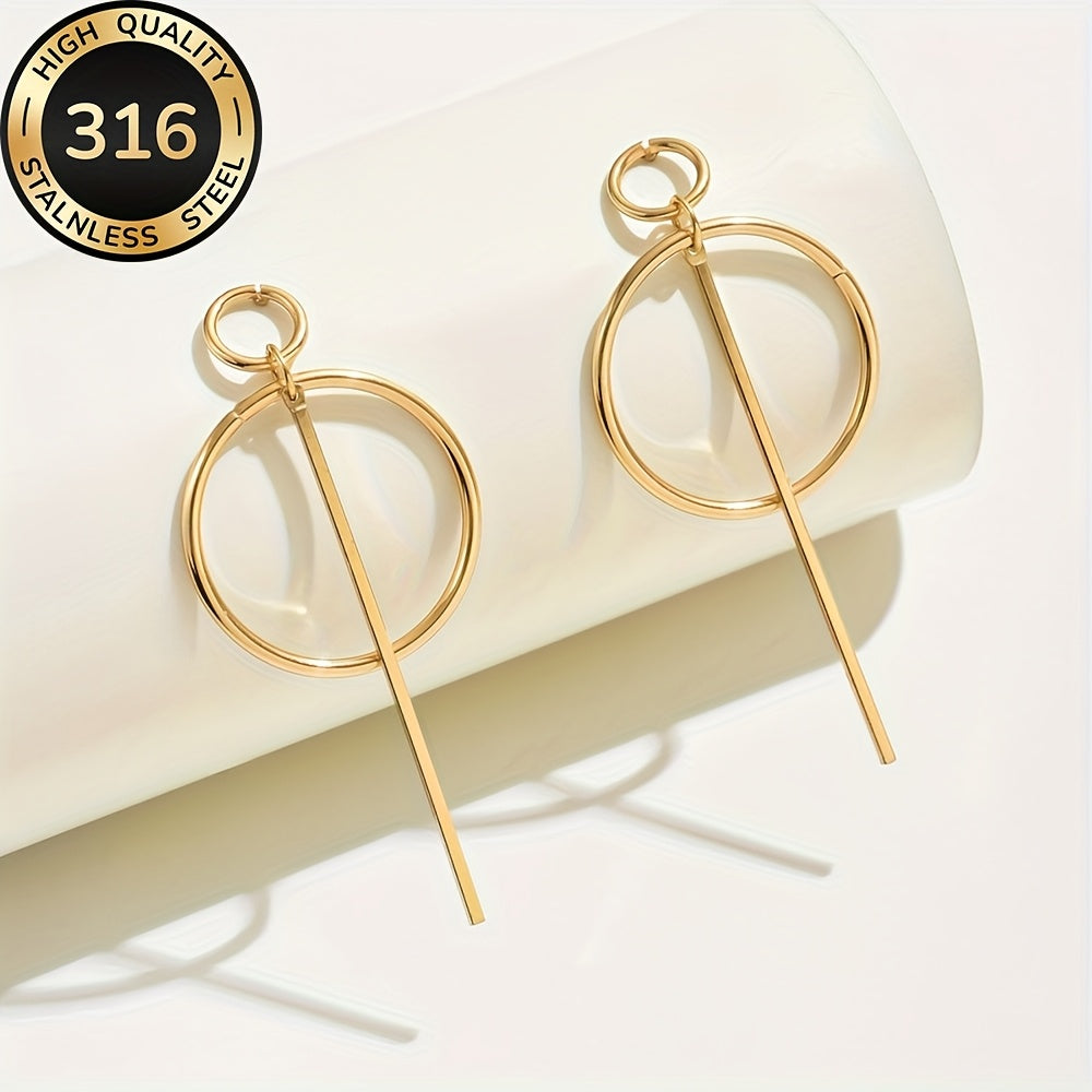 Modern Linear Style Gold Plated Circle Drop Earrings