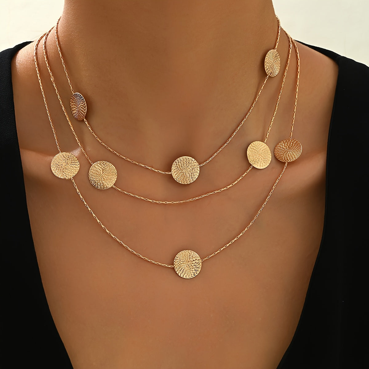 Geometric Spiral Textured Gold Multi-Disc Layered Necklace