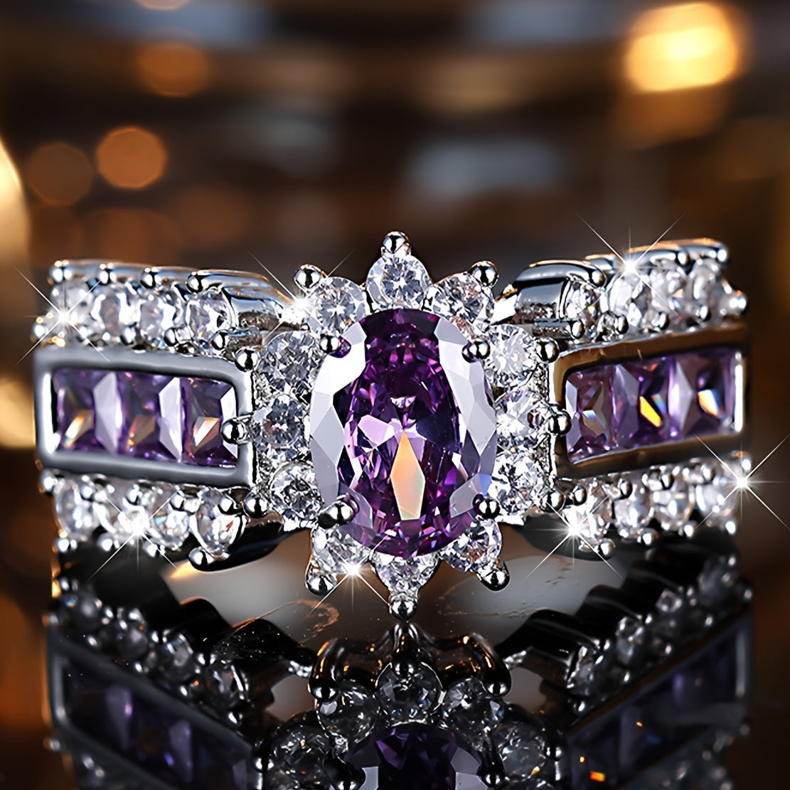 Vintage Boho Silver Purple Oval Zirconia Stone Rings