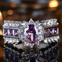 Vintage Boho Silver Purple Oval Zirconia Stone Rings