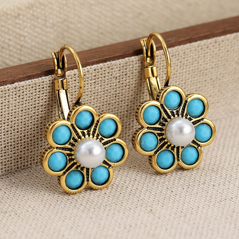 Vintage Style Turquoise And Pearls Flower Earrings