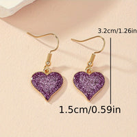 Elegant Purple Glitter Heart Dangle Earrings