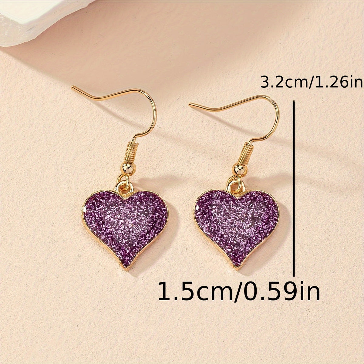 Elegant Purple Fine Glitter Drip Oil Heart Earrings