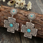 Retro Floral Design Turquoise Cross Carved Metal Earrings