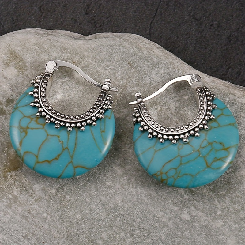 Turquoise Crescent Silver Plated Hoop Earrings