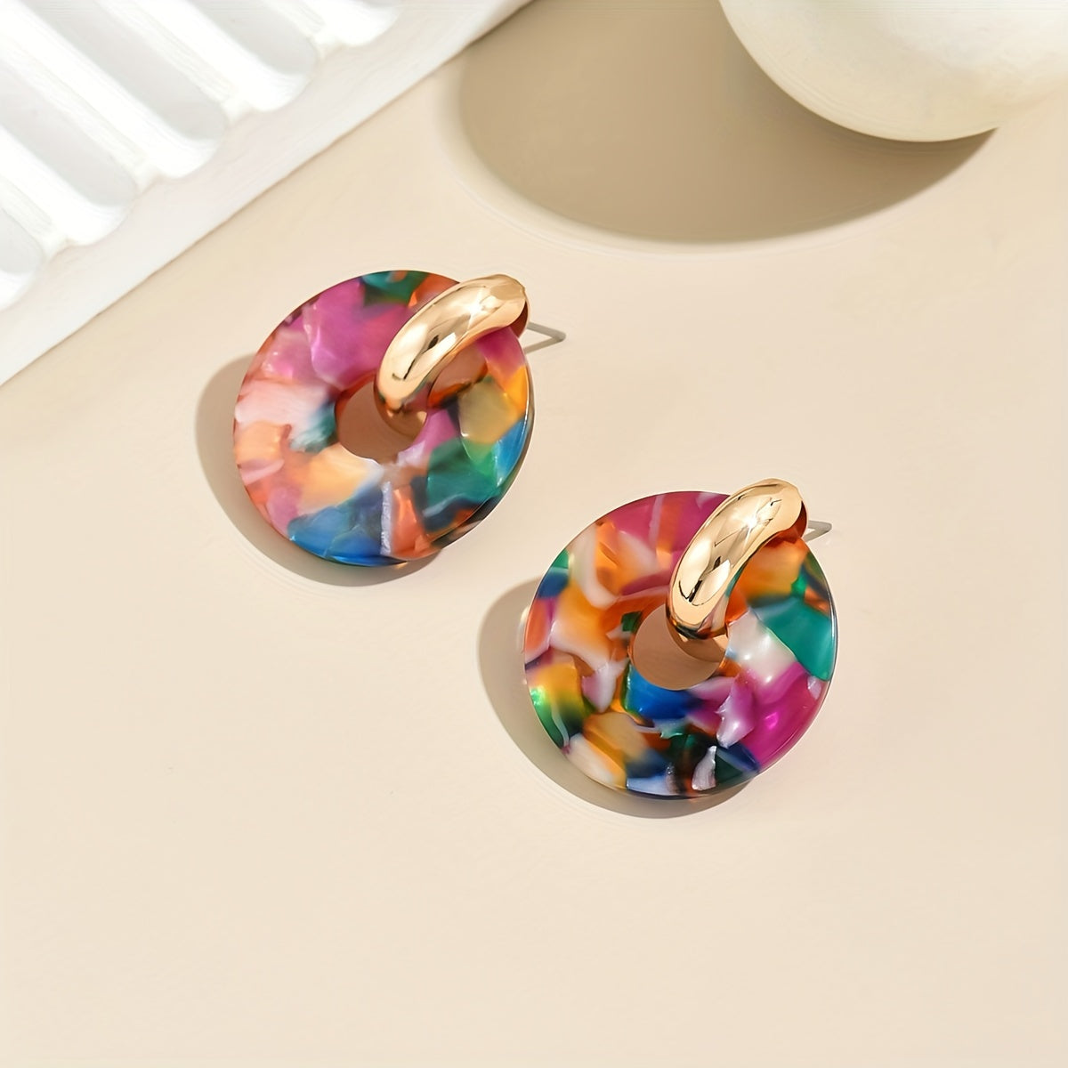 Colorful Resin Disc Statement Earrings with Gold Hoop