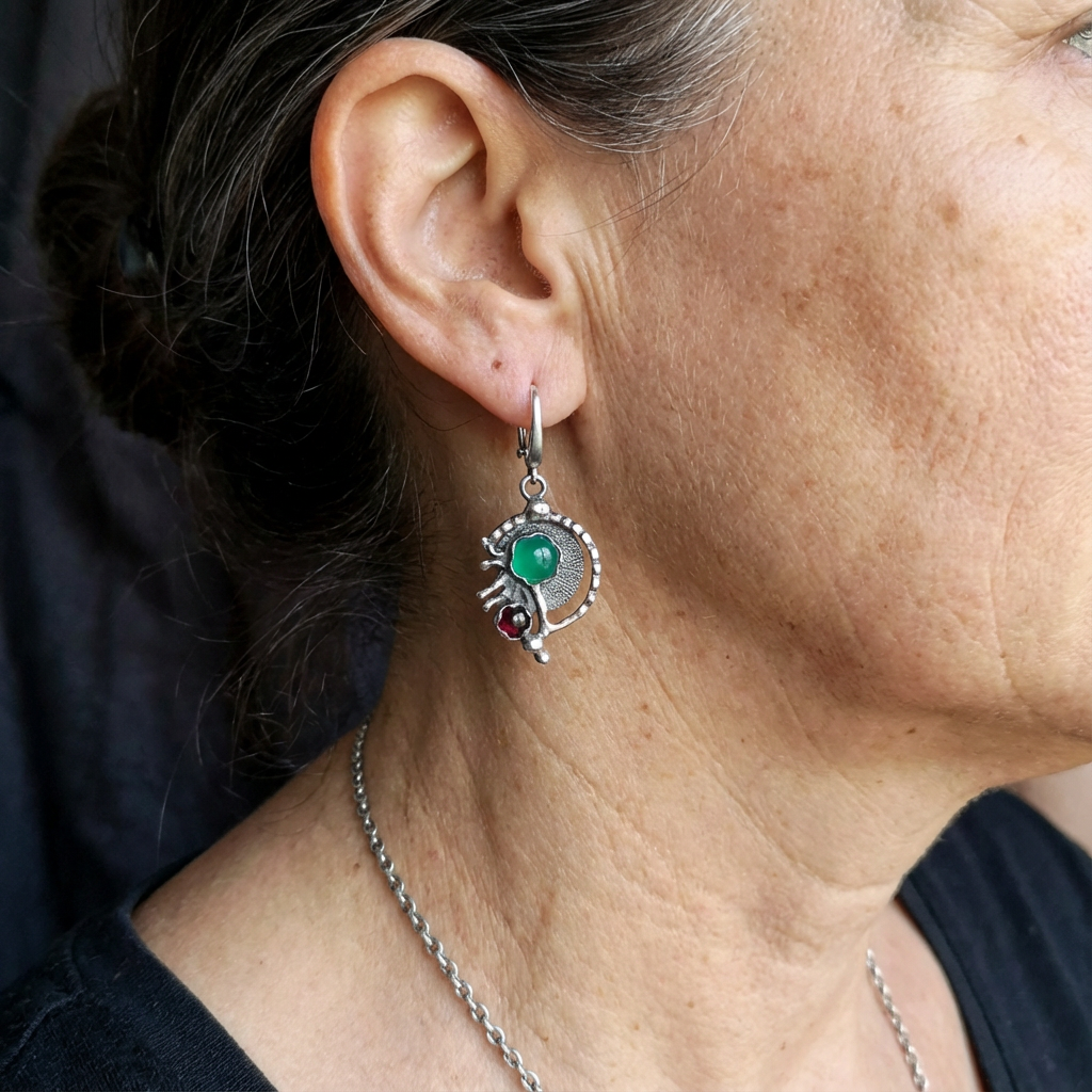 Bohemian Green Zirconia & SilverPlated Artisan Drop Earrings
