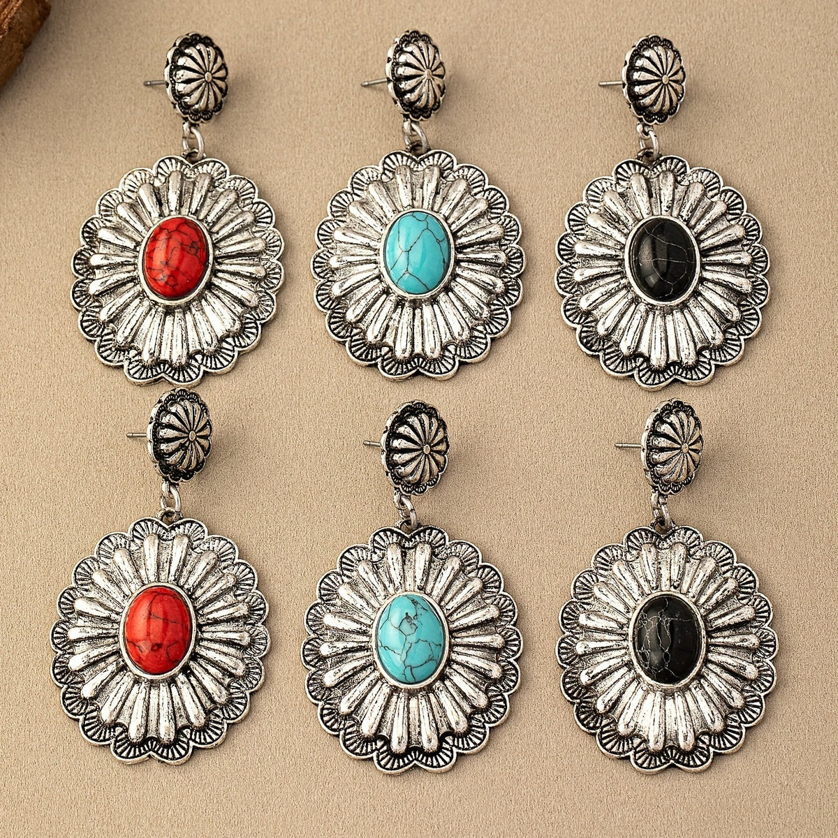 Vintage Bohemian Turquoise Round Pattern Earrings