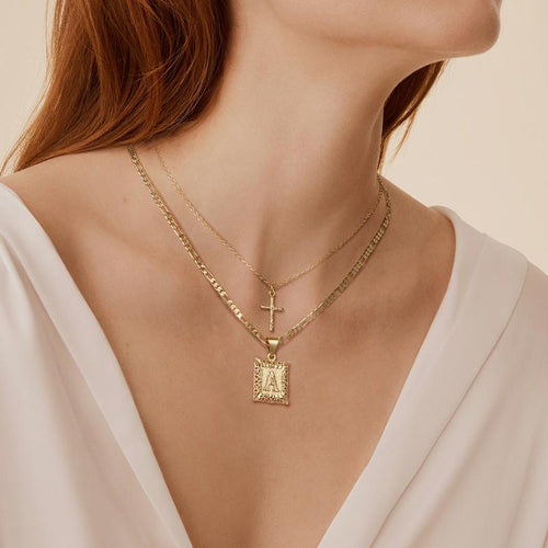2 Piece Initial Letter & Cross Necklace Set
