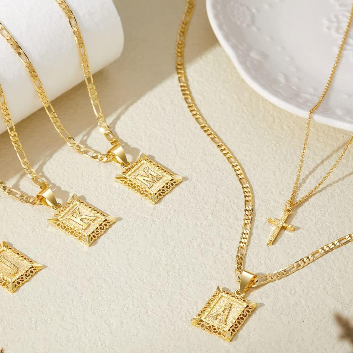2 Piece Initial Letter & Cross Necklace Set