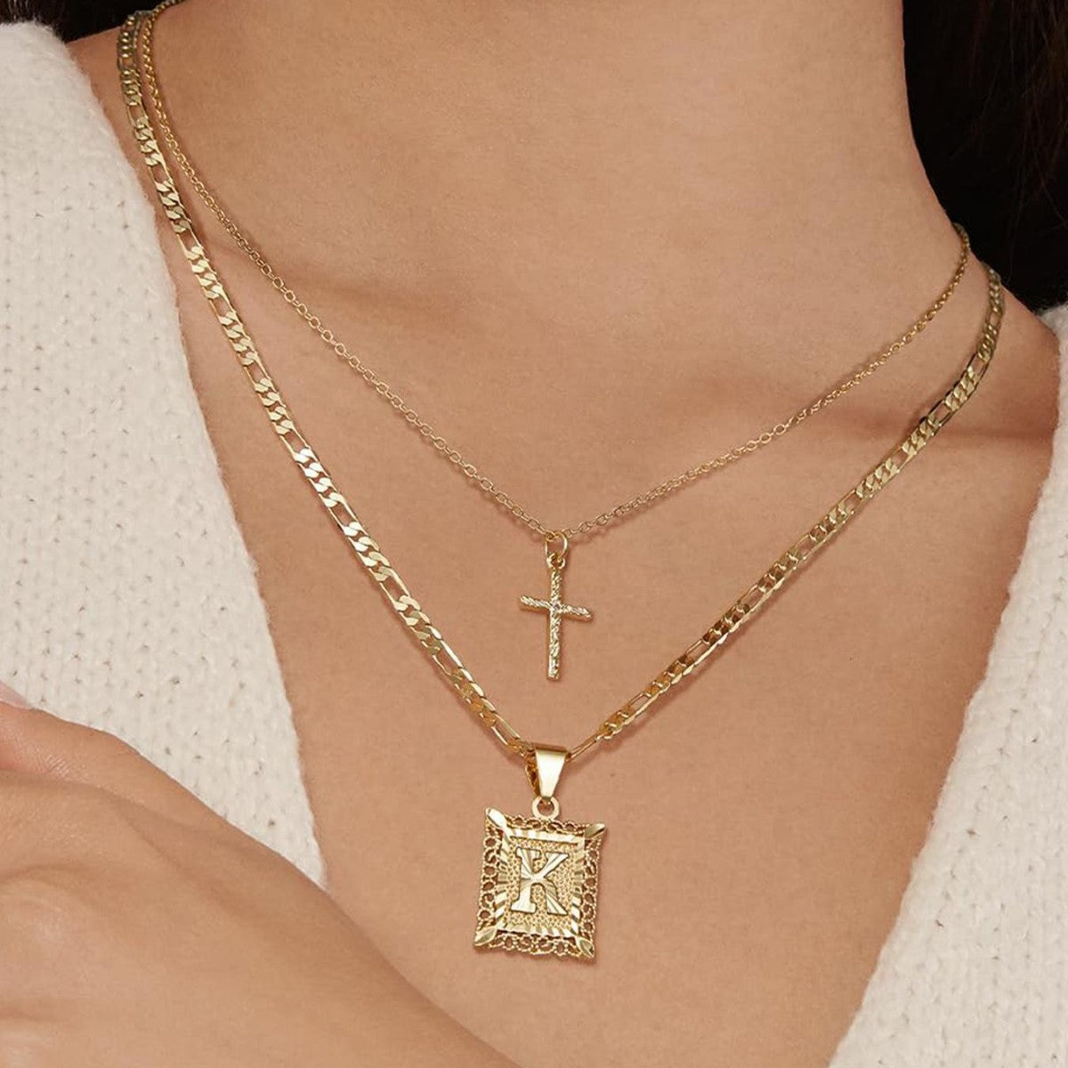2 Piece Initial Letter & Cross Necklace Set