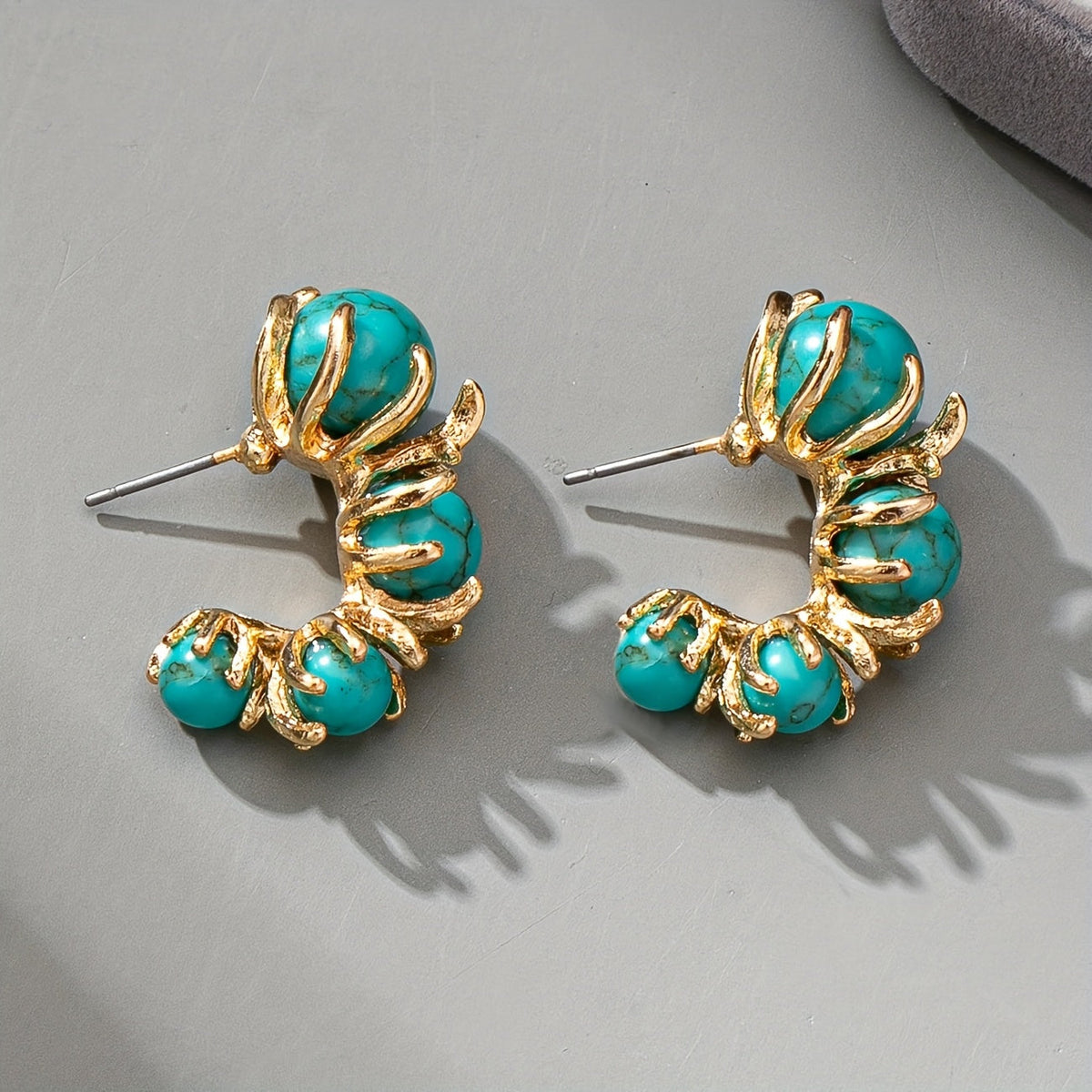 Classic Gold Turquoise Plated Triple Stone Dangle Earrings