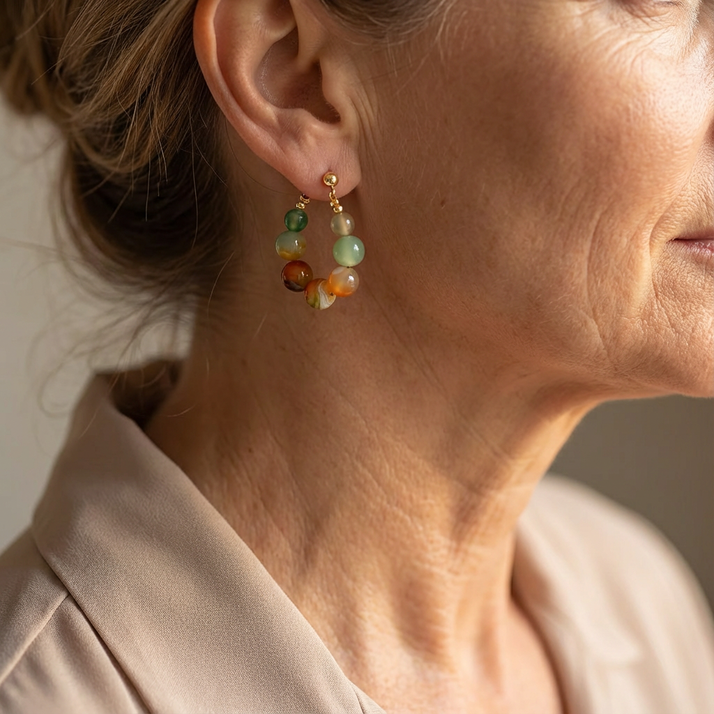Boho Natural Stone Beaded Gold Plated Hoop Earrings