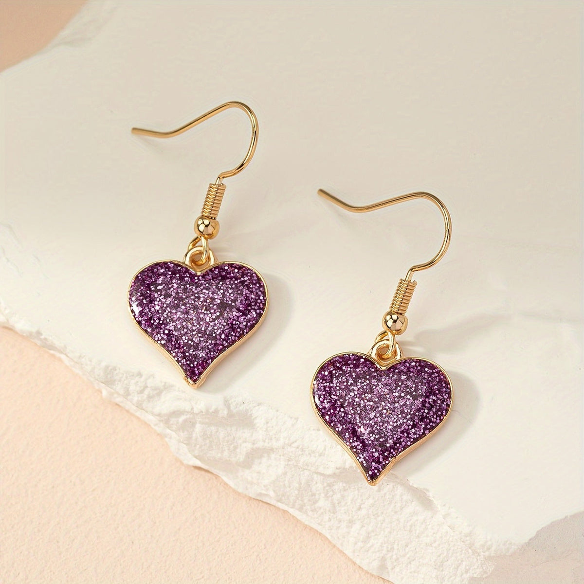 Elegant Purple Glitter Heart Dangle Earrings