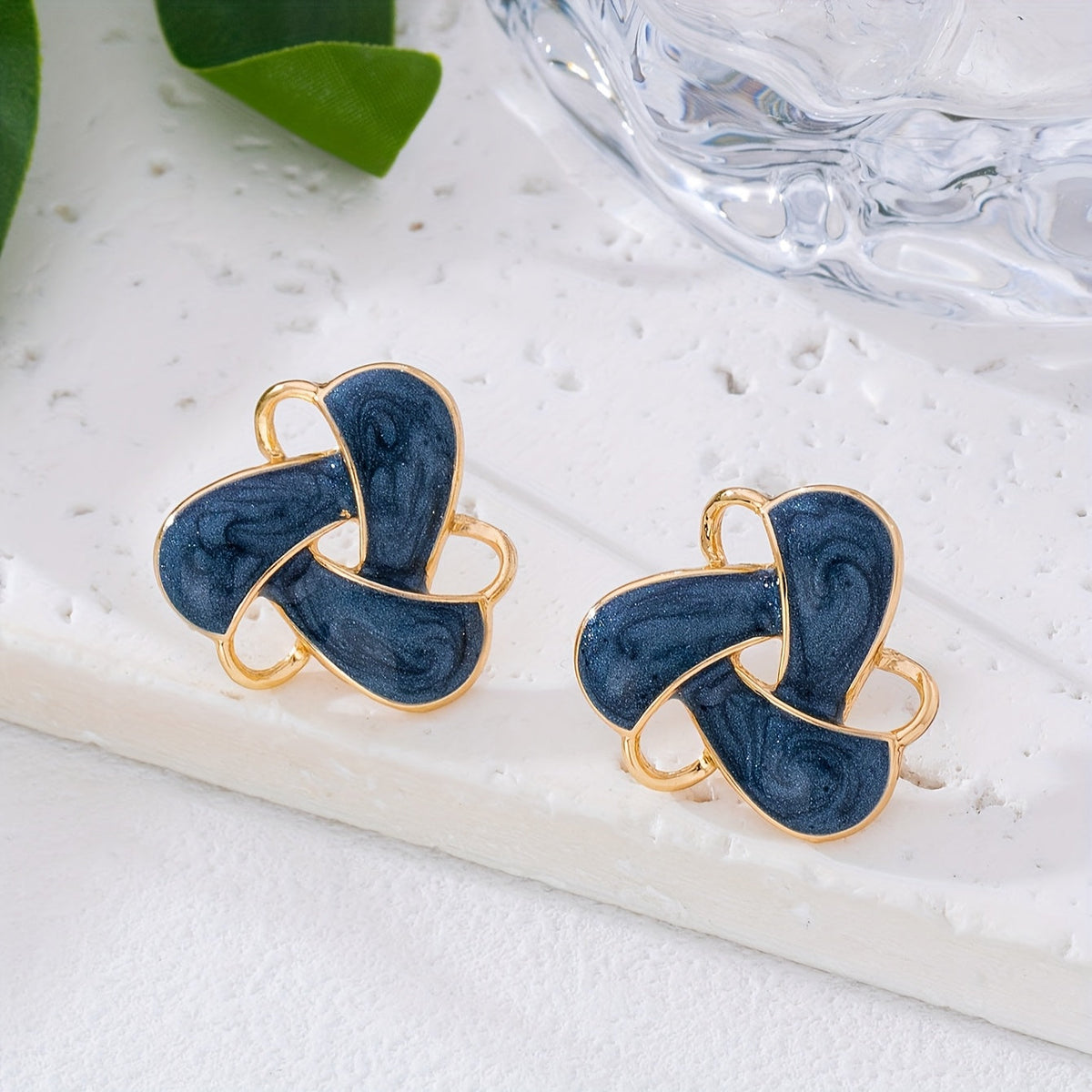 Navy Enamel Knot Stud Earrings with Gold Accents