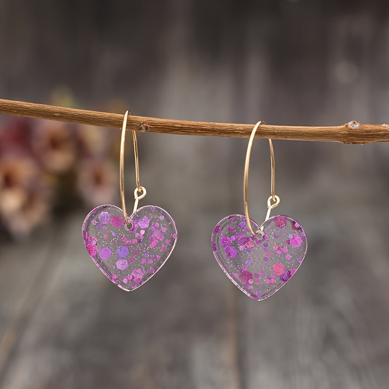 Vintage Style Resin Glitter Heart Pendant Earrings