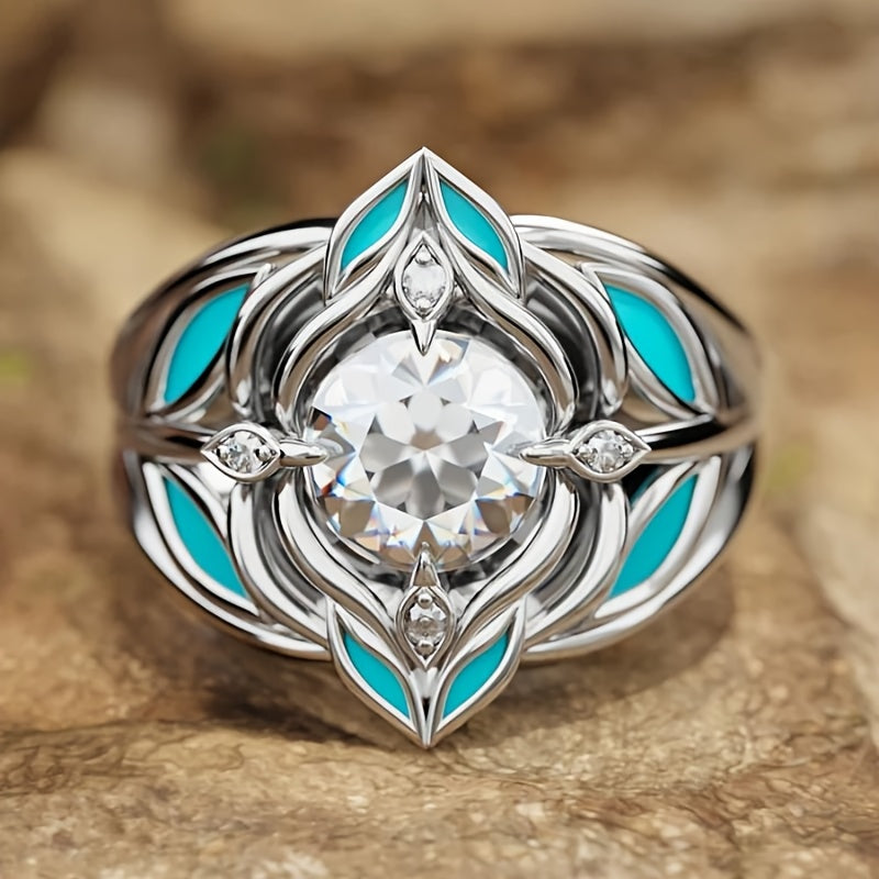 Elegant Bohemian Turquoise Leaf Zirconia Crystal Ring
