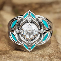 Elegant Bohemian Turquoise Leaf Zirconia Crystal Ring