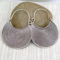 Bohemian Spiral Oxidized Dark Disc Silver Plated Earrings