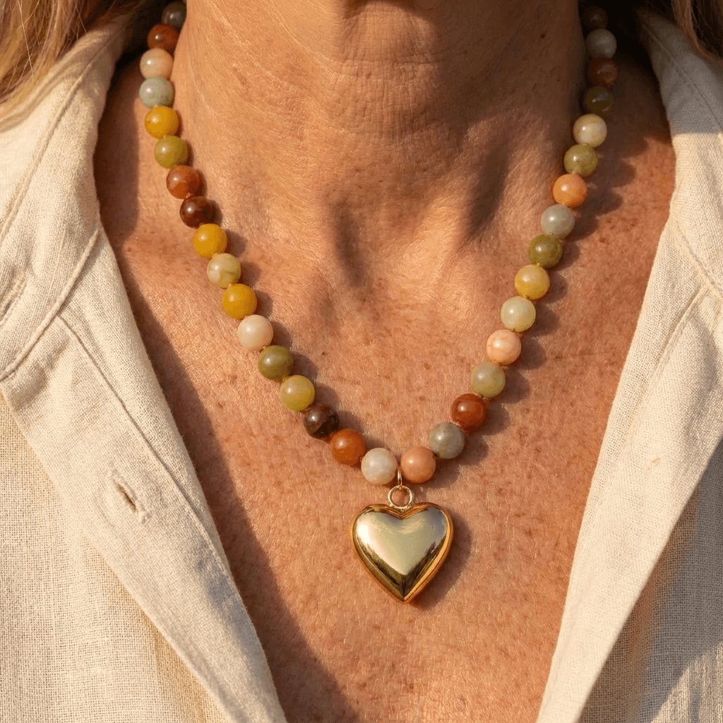 Handmade Bohemian Natural Stone Beaded Heart Necklace