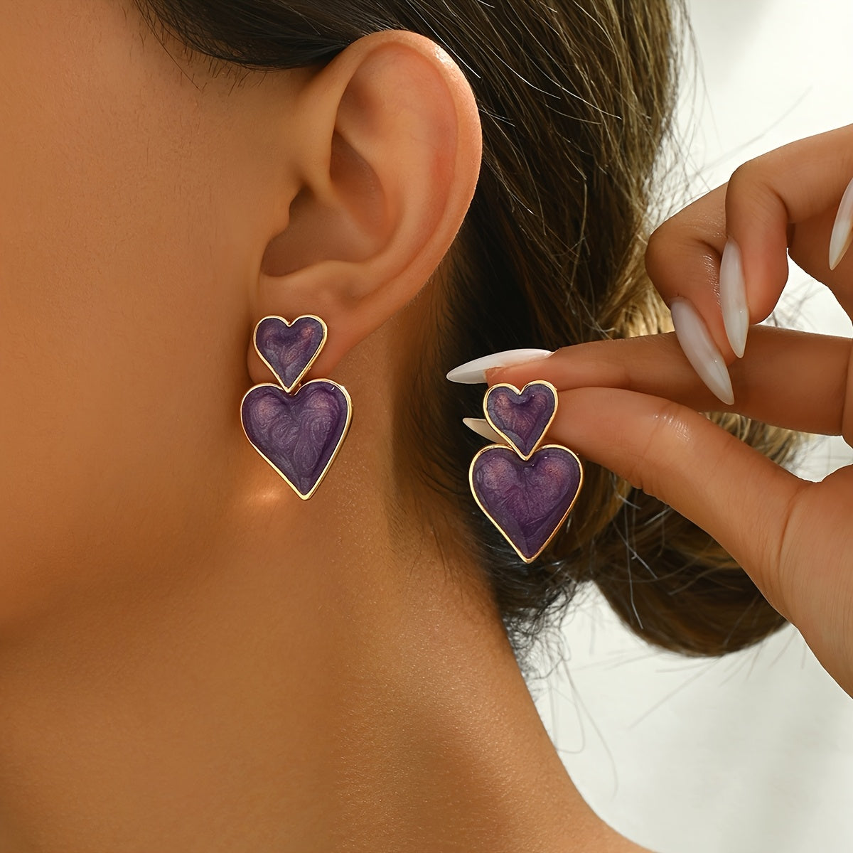 Elegant Bohemian Purple Double Heart Drop Earrings
