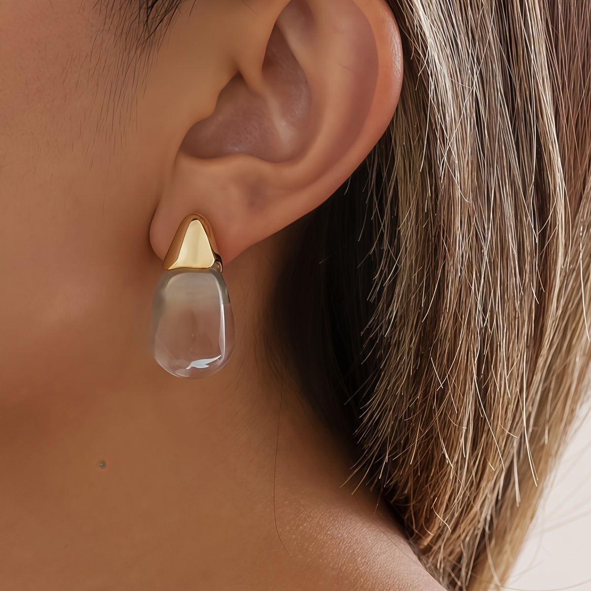 Elegant Clear Teardrop Glass Earrings with Gold Tone Caps