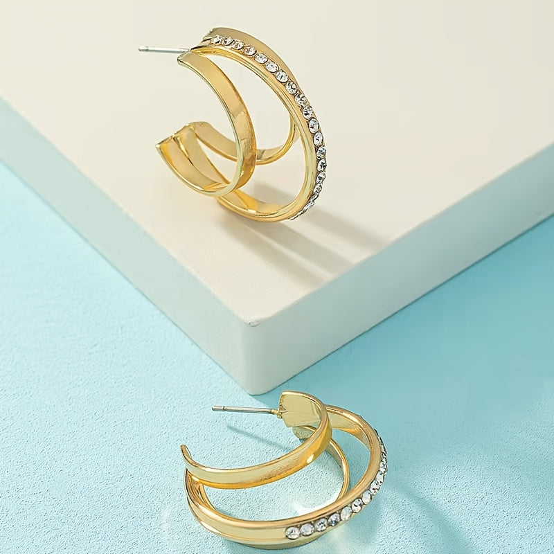 Vintage Gold C-Hoop Earrings with Pavé Crystal Detail
