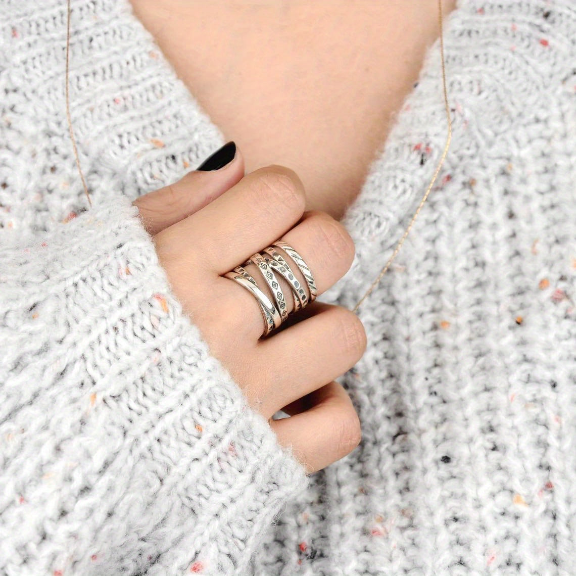 Vintage Multilayer Geometric Pattern Wide Ring