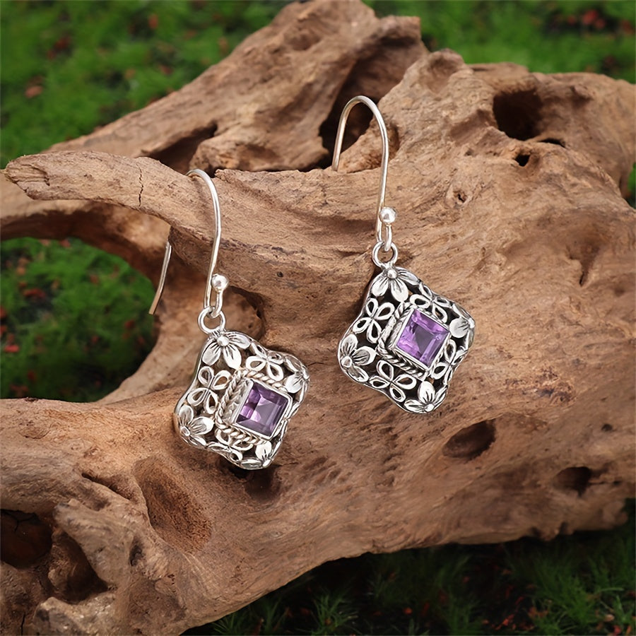 Vintage Purple Zirconia Floral Filigree Drop Earrings
