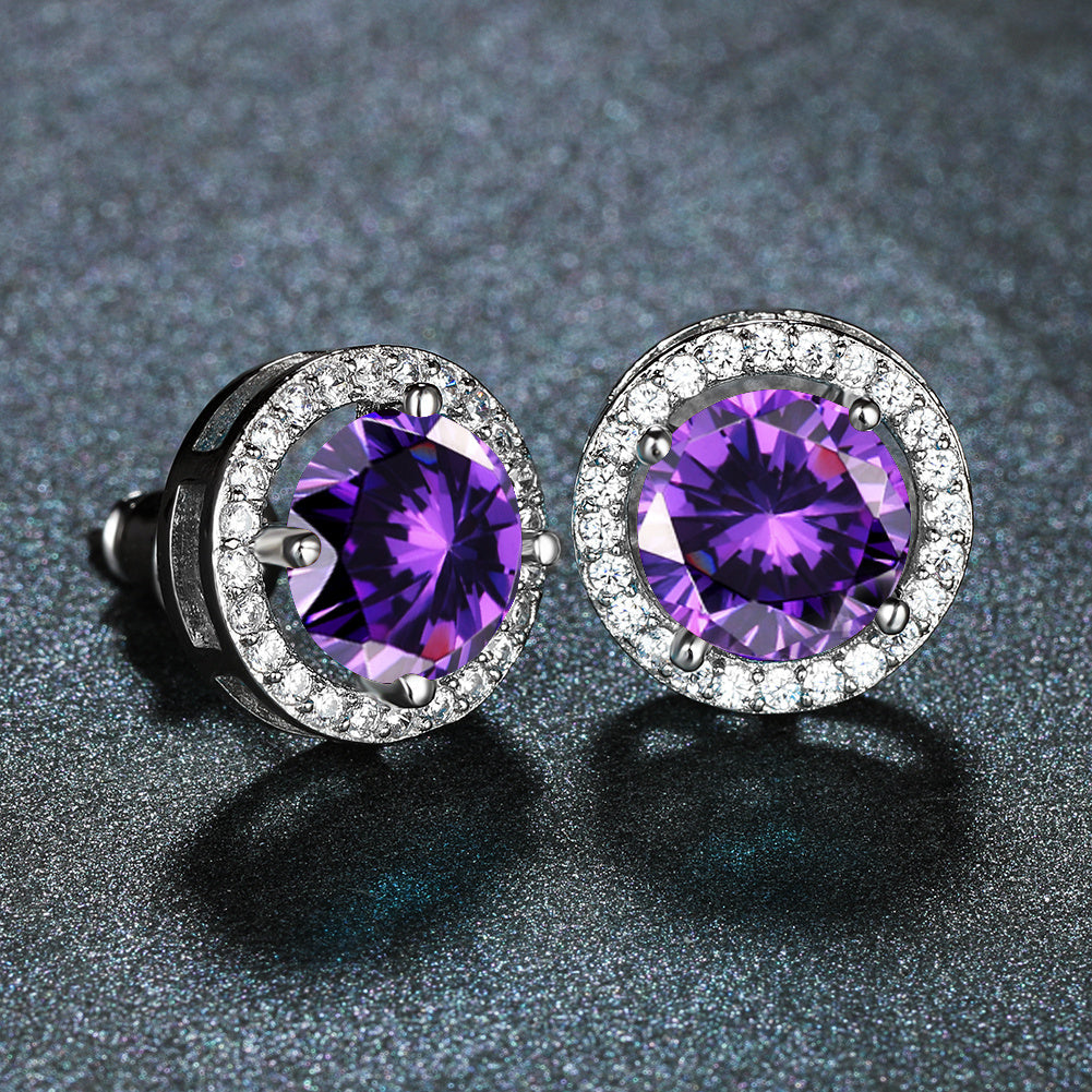 Retro Style Round Cubic Purple Zirconia Stud Earrings